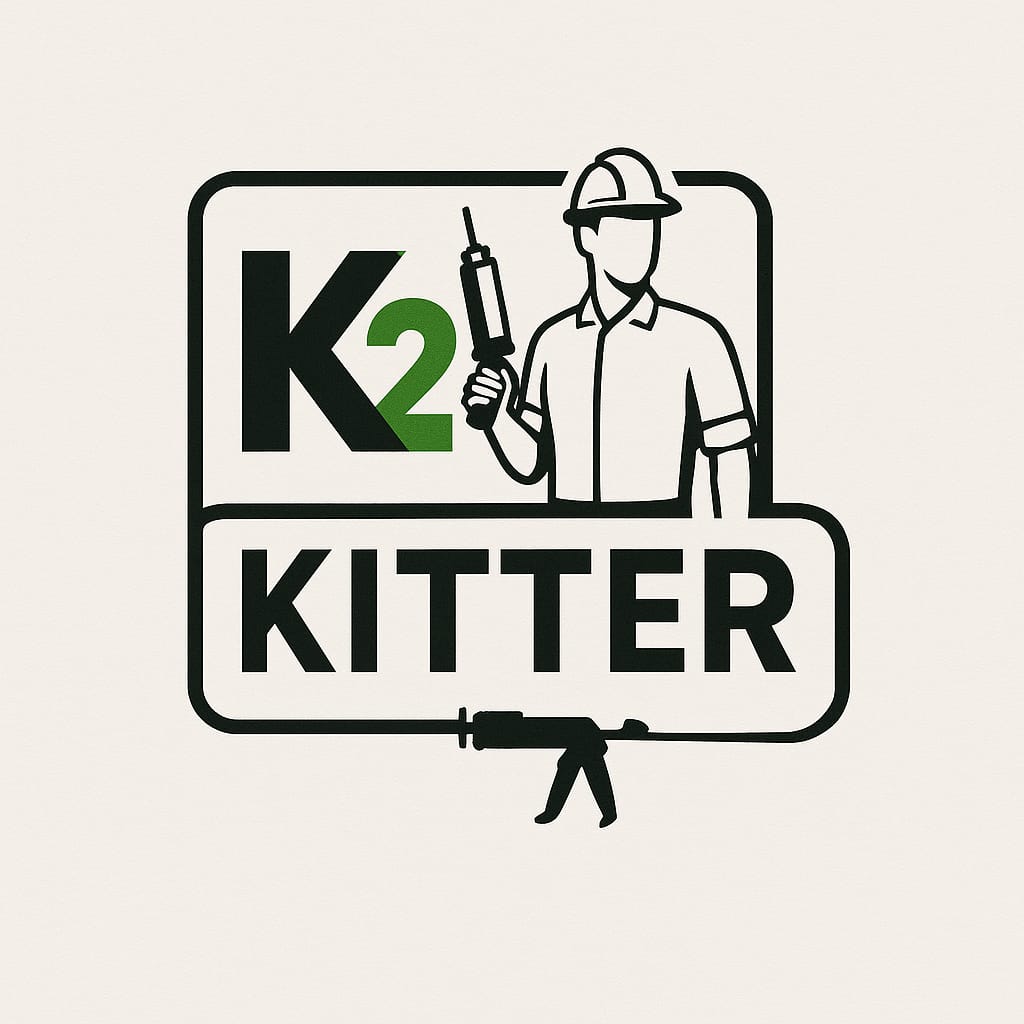 Logo K2 Kitter przedstawia człowieka z pistoletem do kitowania w ramce obok z napisem 'K2 KITTER'